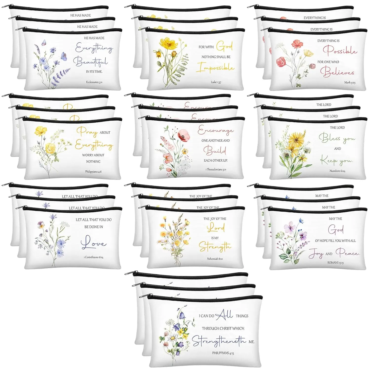 Jetec 30 Pcs Christian Gift for Women Religious Mother's Day Gifts Cosmetic Bags Inspirational Bible Verse Pencil Pouch Makeup Bags with Zipper for Travel Women Mother Sister(Flower Style)