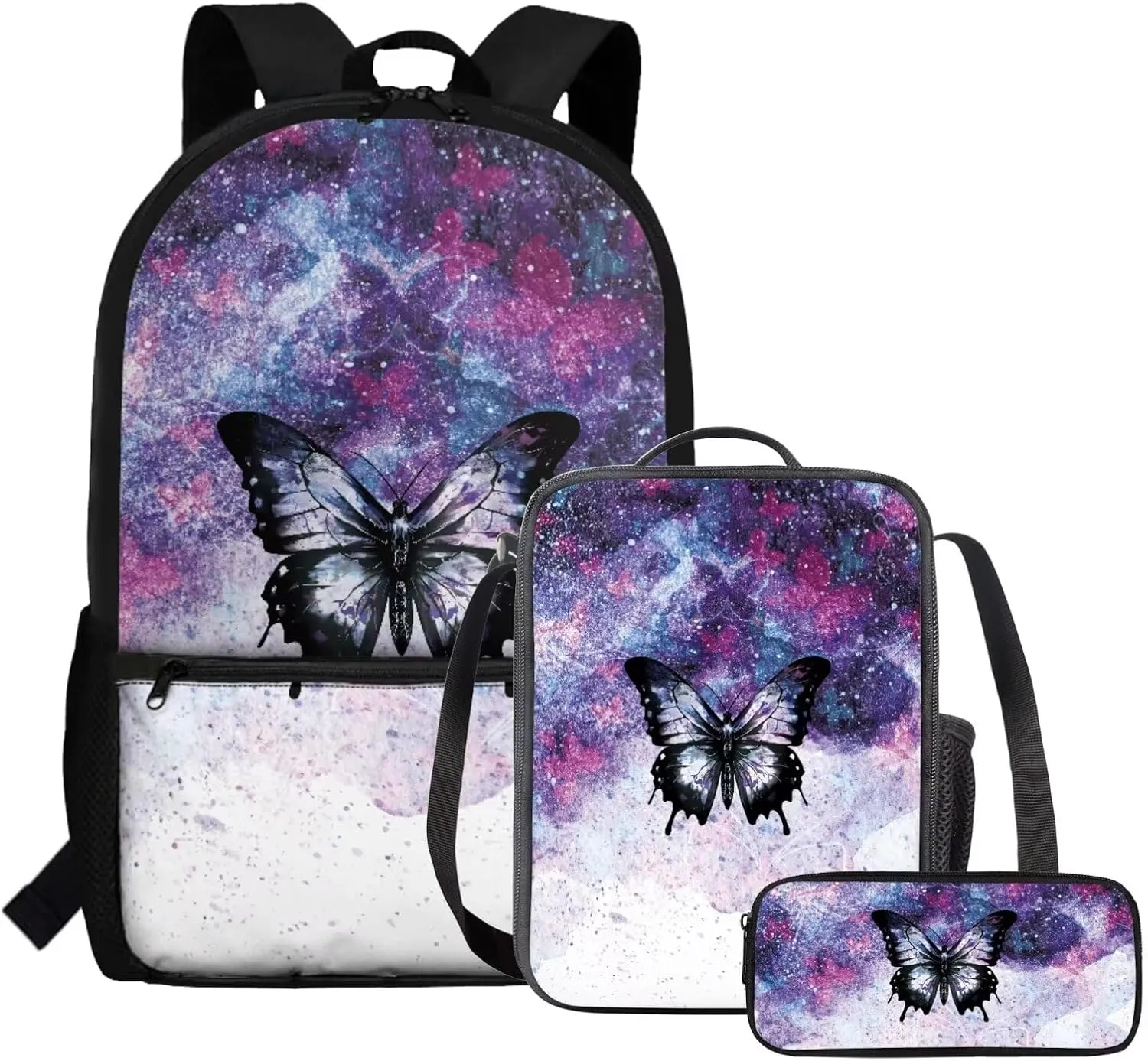 JoyLamoria Bling Butterfly 3pcs Backpack Messenger Bag Crossbody Lunch Case Lunch Bag Pencil Bag with Pocket