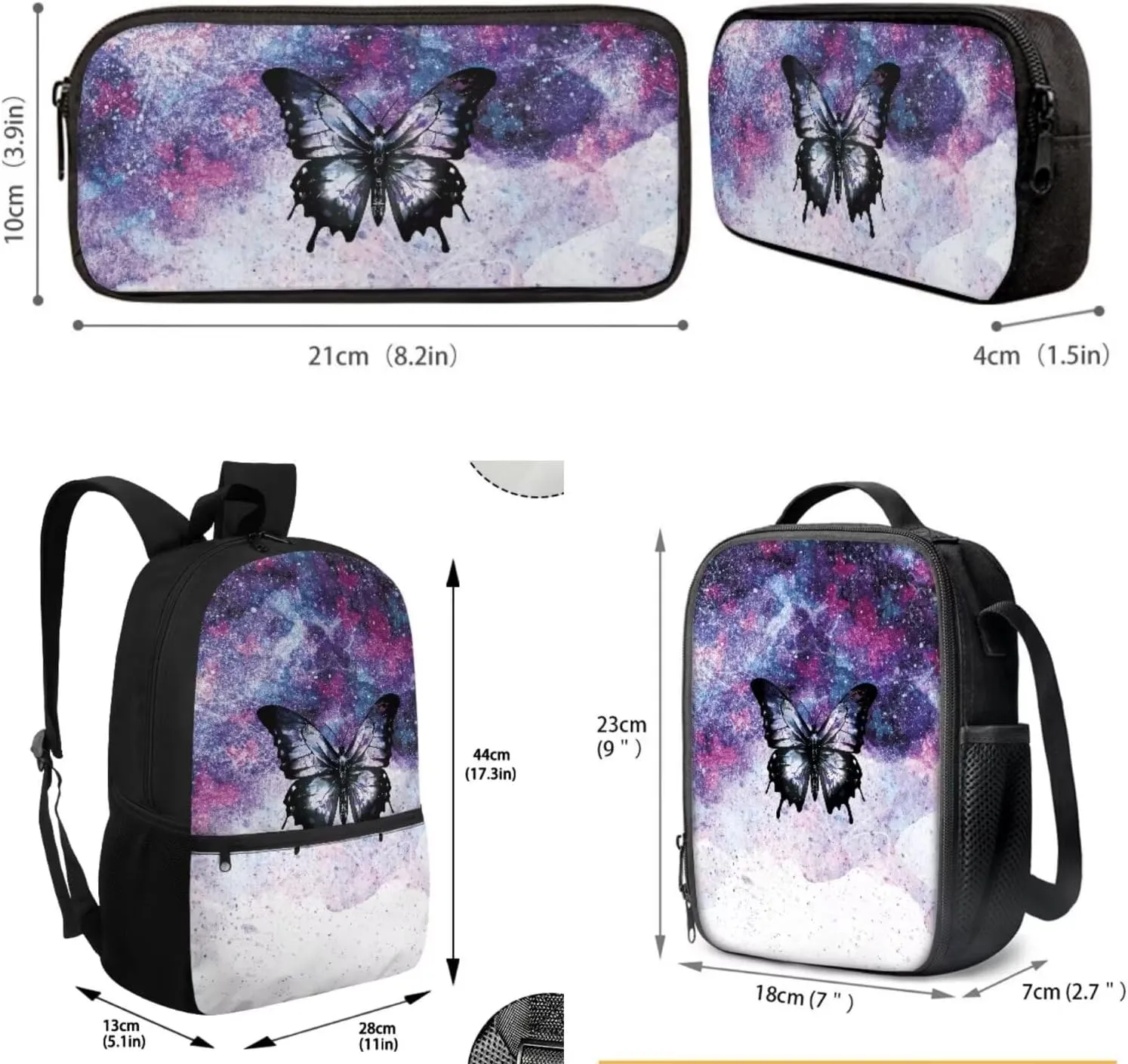 JoyLamoria Bling Butterfly 3pcs Backpack Messenger Bag Crossbody Lunch Case Lunch Bag Pencil Bag with Pocket