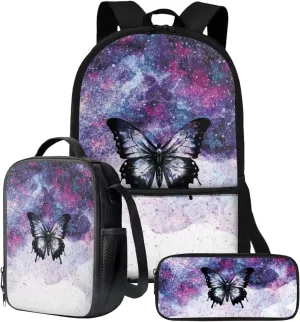 JoyLamoria Bling Butterfly 3pcs Backpack Messenger Bag Crossbody Lunch Case Lunch Bag Pencil Bag with Pocket