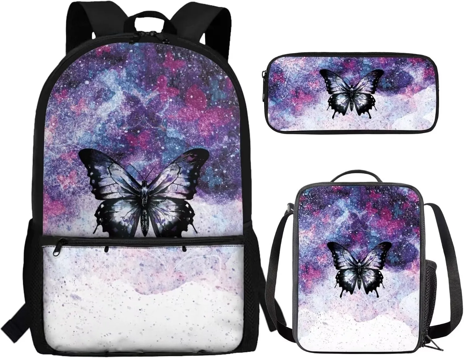JoyLamoria Bling Butterfly 3pcs Backpack Messenger Bag Crossbody Lunch Case Lunch Bag Pencil Bag with Pocket