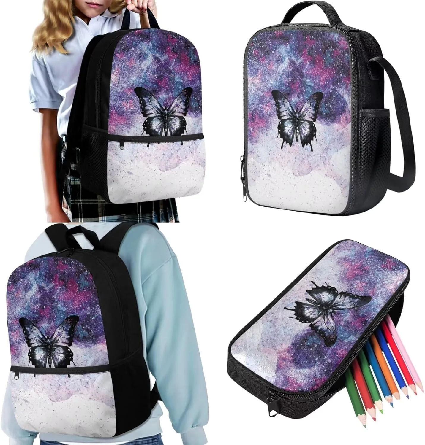 JoyLamoria Bling Butterfly 3pcs Backpack Messenger Bag Crossbody Lunch Case Lunch Bag Pencil Bag with Pocket