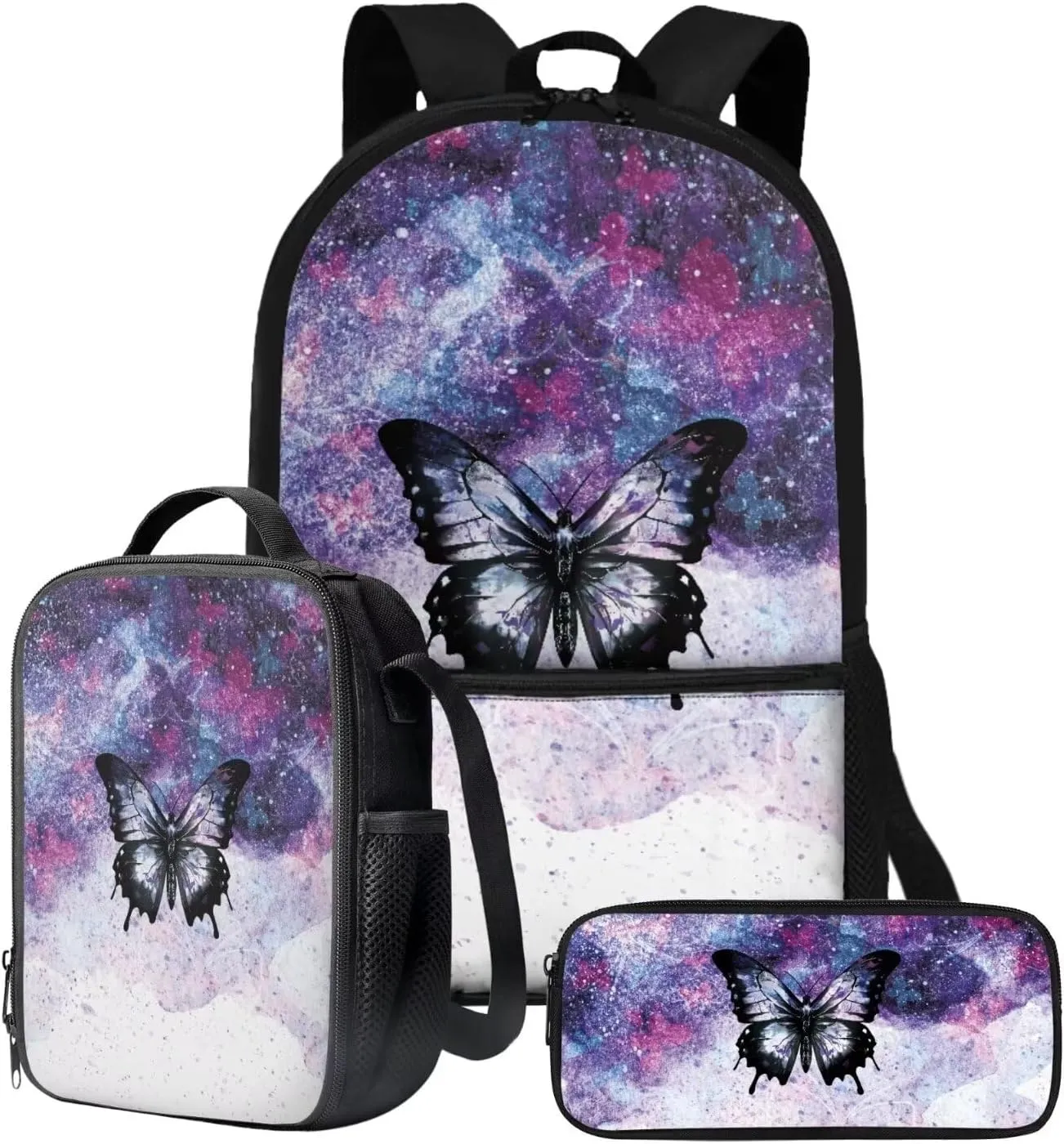 JoyLamoria Bling Butterfly 3pcs Backpack Messenger Bag Crossbody Lunch Case Lunch Bag Pencil Bag with Pocket