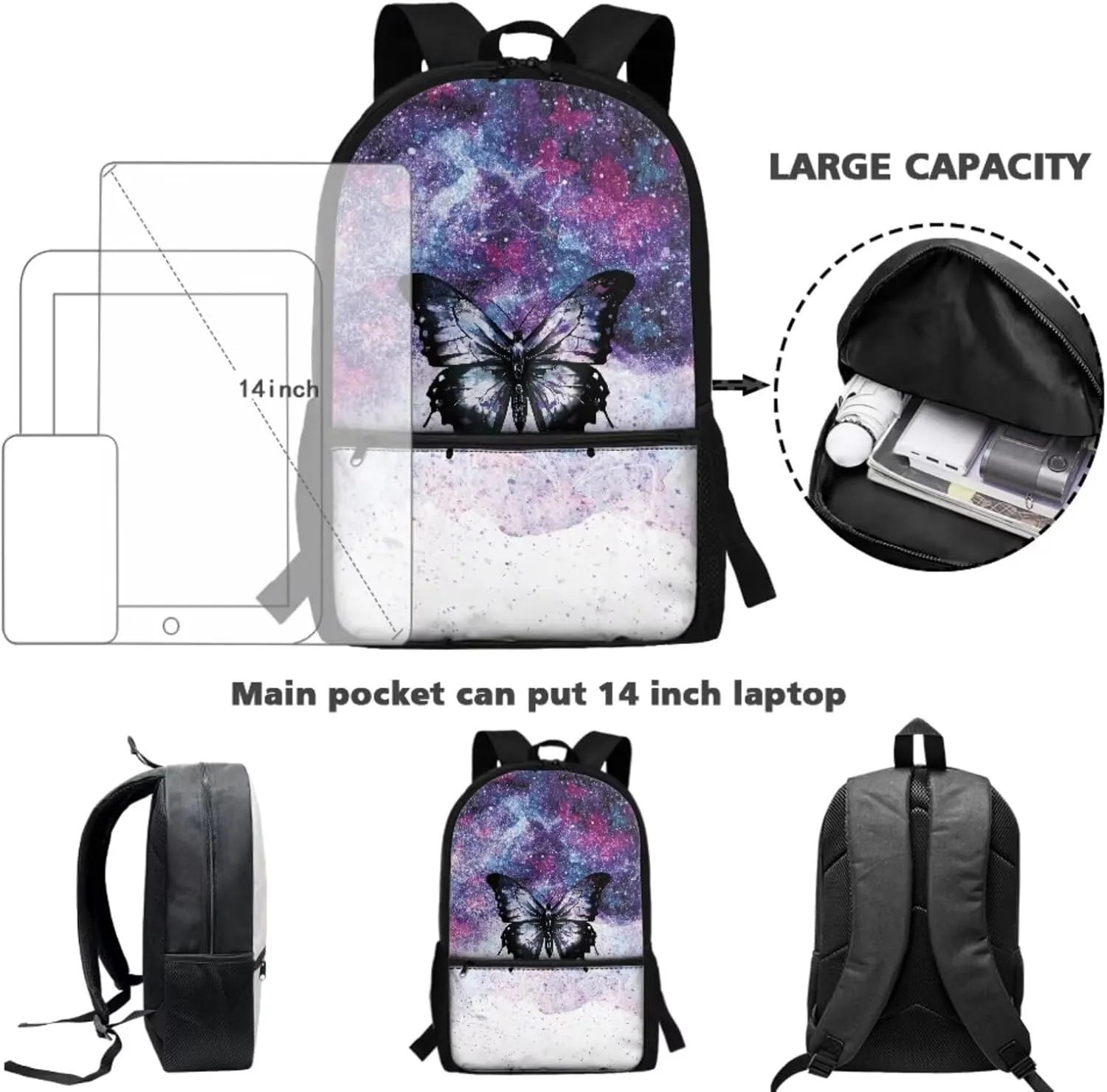 JoyLamoria Bling Butterfly 3pcs Backpack Messenger Bag Crossbody Lunch Case Lunch Bag Pencil Bag with Pocket