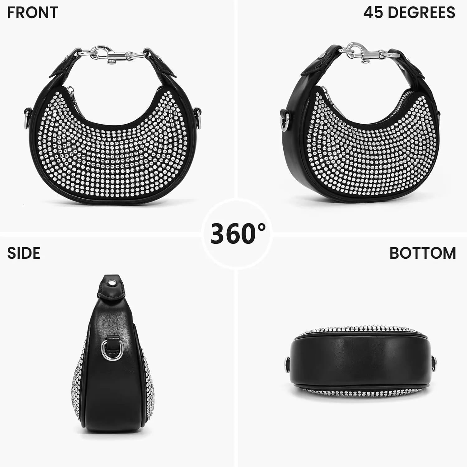 JQWSVE Small Top Handle Bags for Women Rhinestone Mini Purses Ladies Handbags Trendy Crescent Mini Crossbody Purse