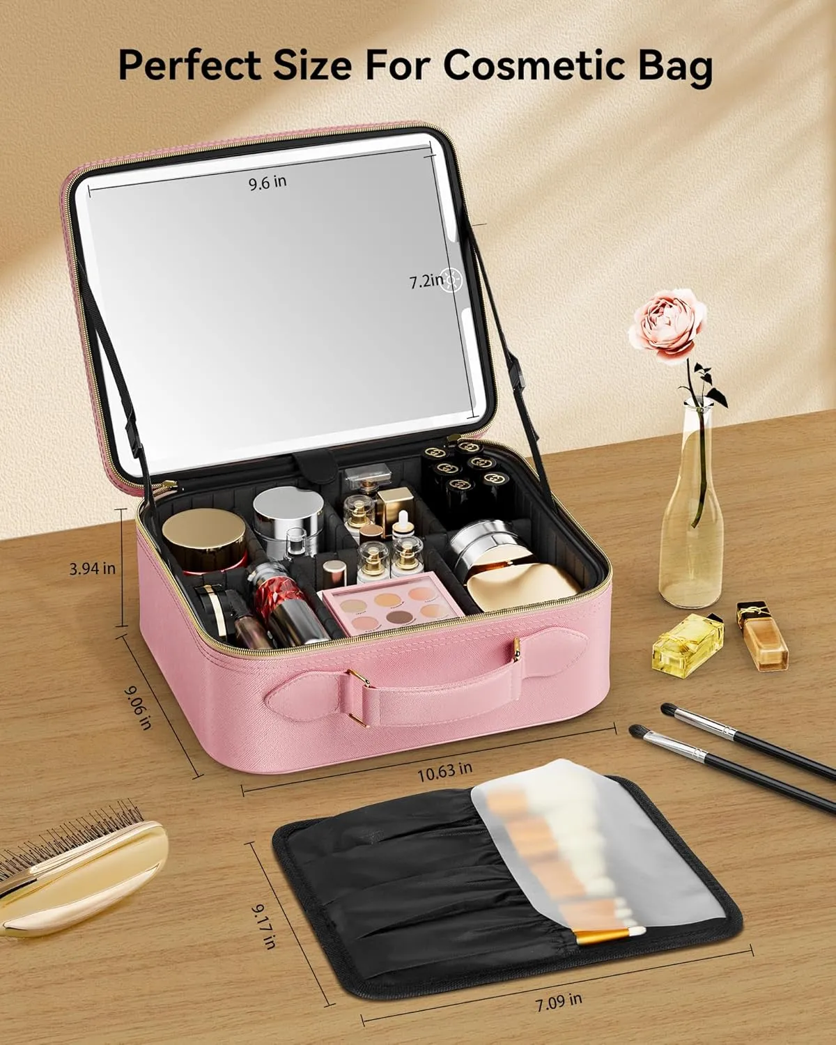 JUSRON Travel Makeup Bag With LED Mirror, Cosmetic Train Case with Light up Mirror, Portable Makeup Artist Organizer Bag with Adjustable Dividers, Makeup Brush Holder Storage (Pink, Medium)