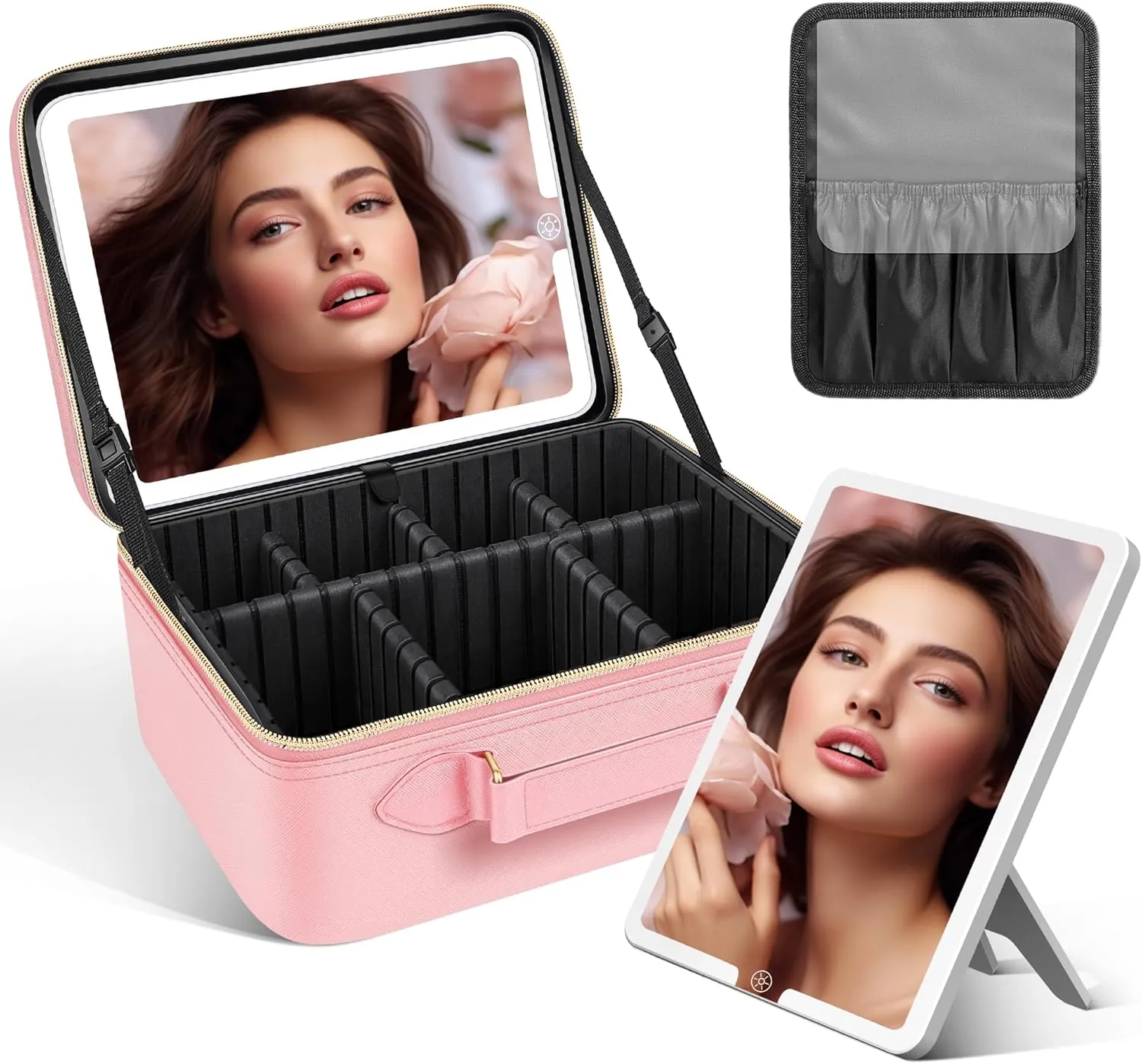 JUSRON Travel Makeup Bag With LED Mirror, Cosmetic Train Case with Light up Mirror, Portable Makeup Artist Organizer Bag with Adjustable Dividers, Makeup Brush Holder Storage (Pink, Medium)