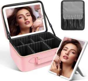JUSRON Travel Makeup Bag With LED Mirror, Cosmetic Train Case with Light up Mirror, Portable Makeup Artist Organizer Bag with Adjustable Dividers, Makeup Brush Holder Storage (Pink, Medium)