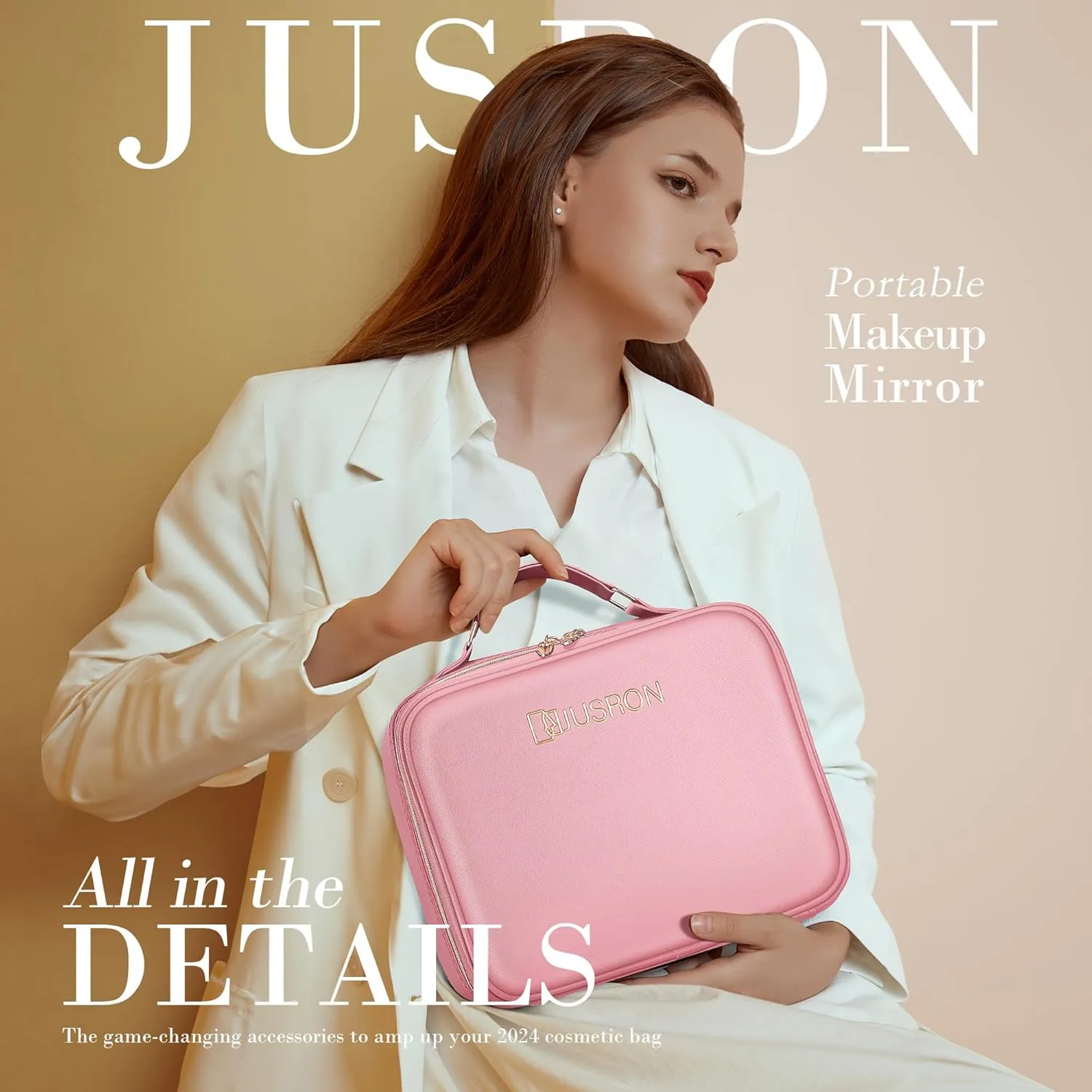 JUSRON Travel Makeup Bag With LED Mirror, Cosmetic Train Case with Light up Mirror, Portable Makeup Artist Organizer Bag with Adjustable Dividers, Makeup Brush Holder Storage (Pink, Medium)