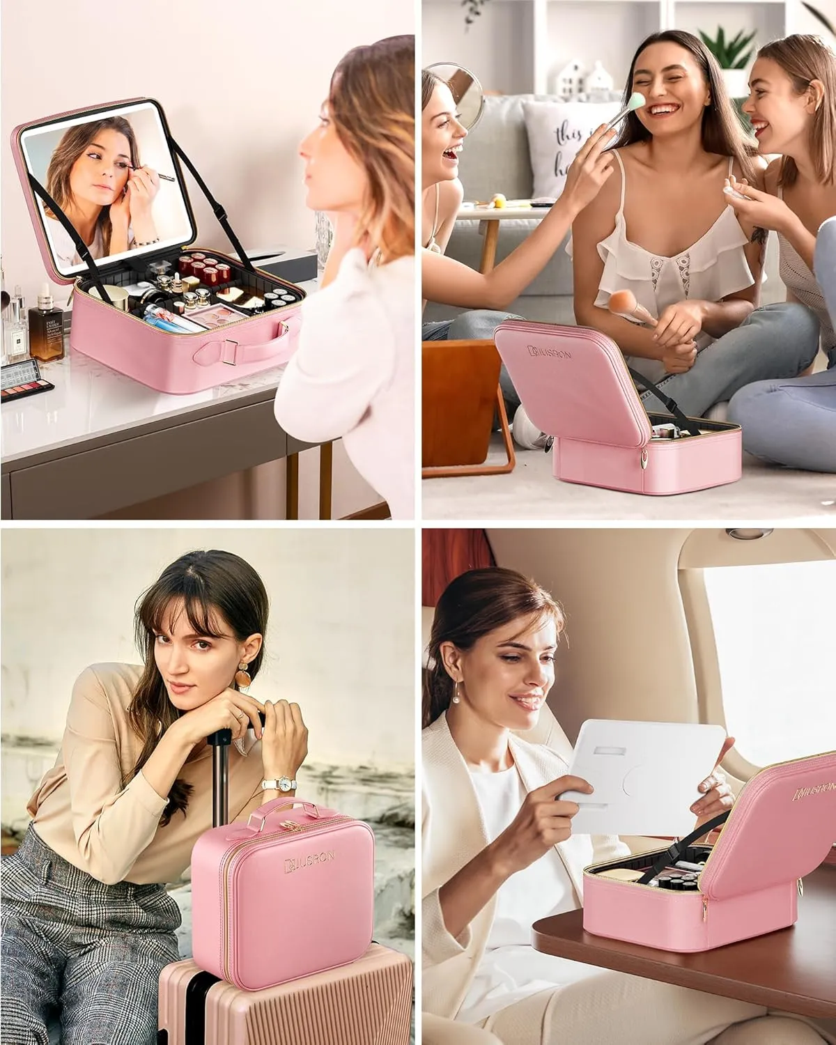 JUSRON Travel Makeup Bag With LED Mirror, Cosmetic Train Case with Light up Mirror, Portable Makeup Artist Organizer Bag with Adjustable Dividers, Makeup Brush Holder Storage (Pink, Medium)
