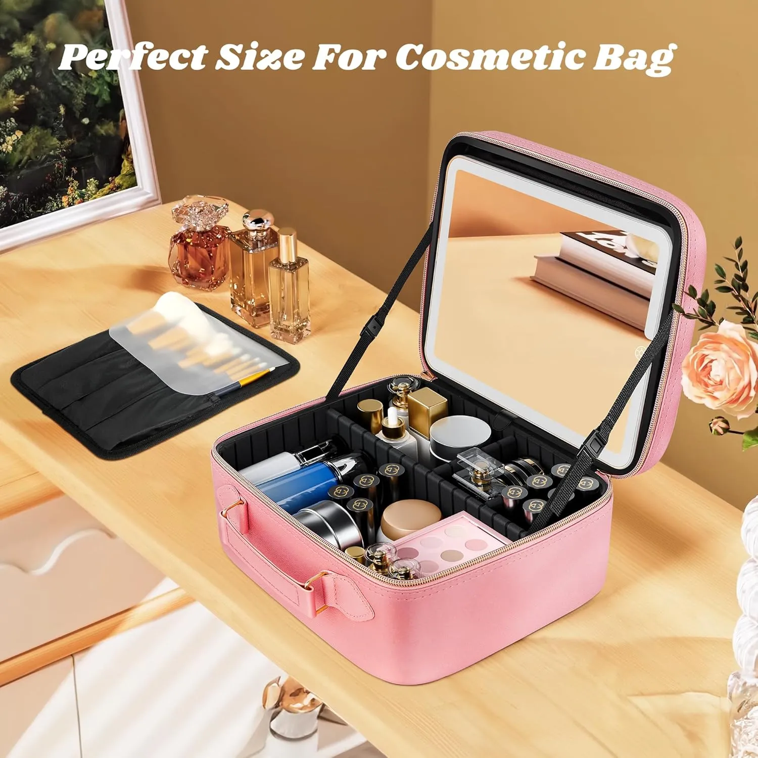JUSRON Travel Makeup Bag With LED Mirror, Cosmetic Train Case with Light up Mirror, Portable Makeup Artist Organizer Bag with Adjustable Dividers, Makeup Brush Holder Storage (Pink, Medium)
