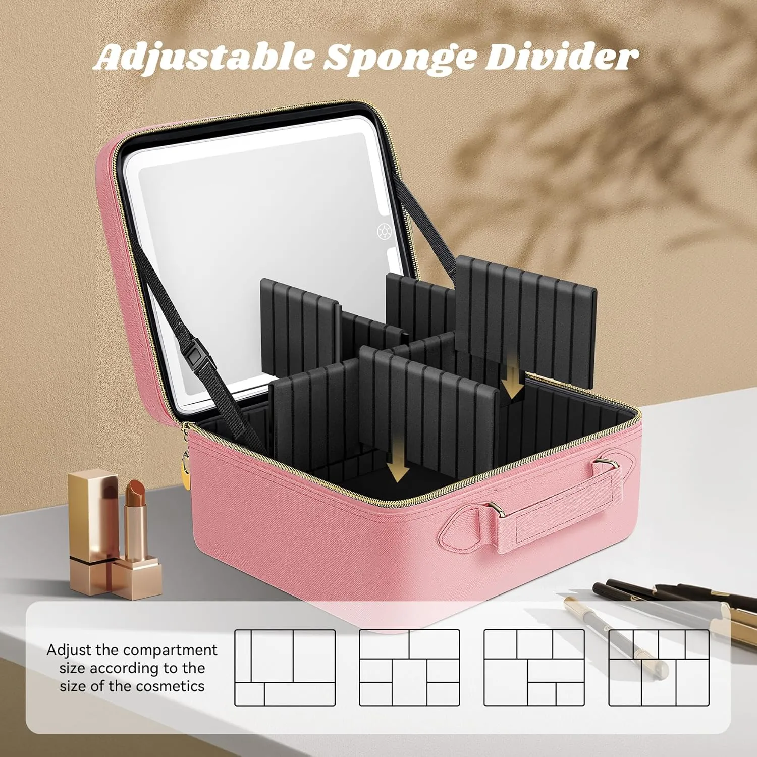 JUSRON Travel Makeup Bag With LED Mirror, Cosmetic Train Case with Light up Mirror, Portable Makeup Artist Organizer Bag with Adjustable Dividers, Makeup Brush Holder Storage (Pink, Medium)