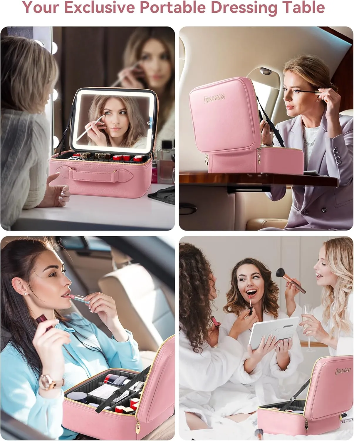 JUSRON Travel Makeup Bag With LED Mirror, Train Case with Light up Mirror, Portable Makeup Artist Organizer Bag with Adjustable Dividers, Makeup Brush Holder Storage (Pink, Large)