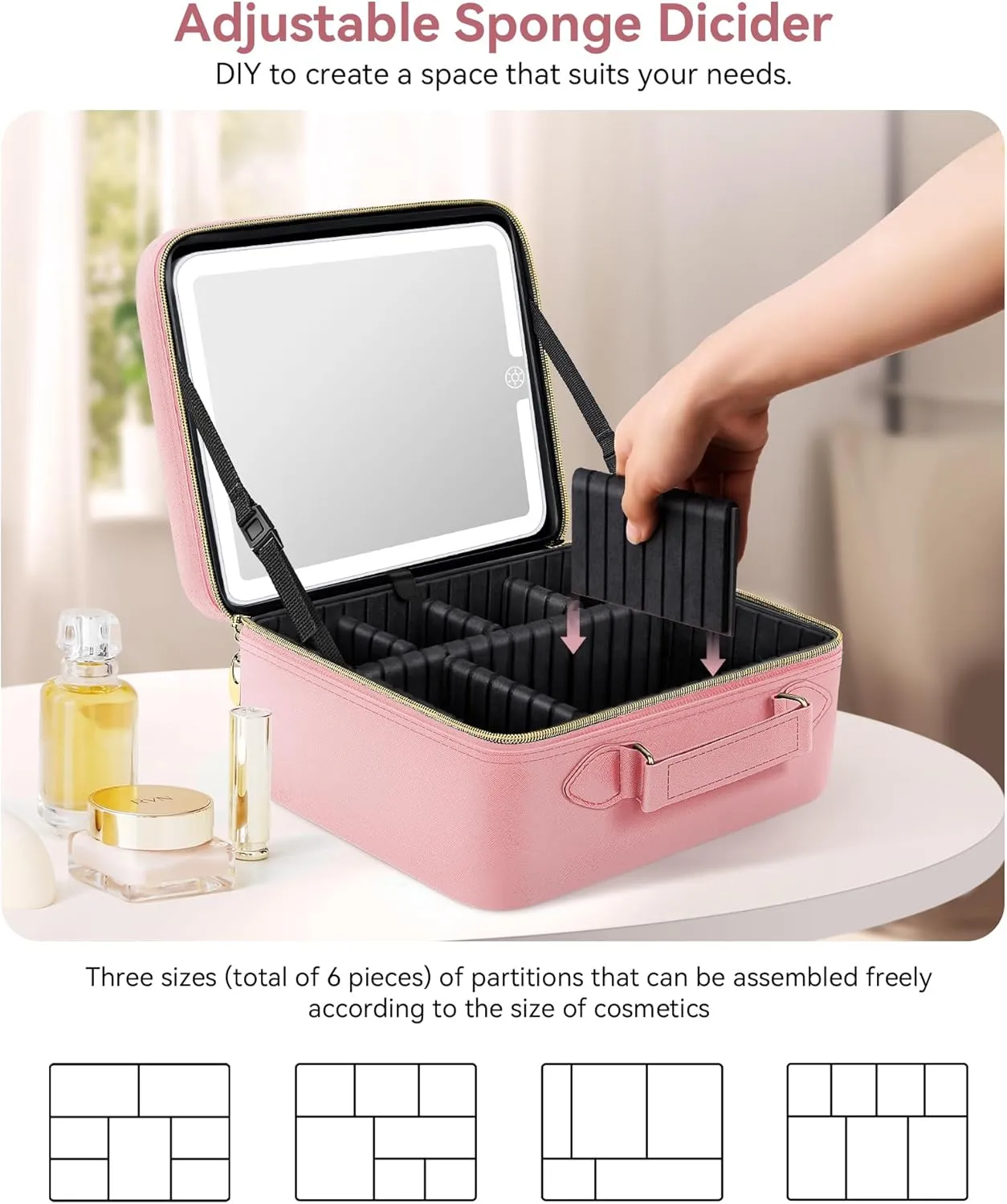 JUSRON Travel Makeup Bag With LED Mirror, Train Case with Light up Mirror, Portable Makeup Artist Organizer Bag with Adjustable Dividers, Makeup Brush Holder Storage (Pink, Large)