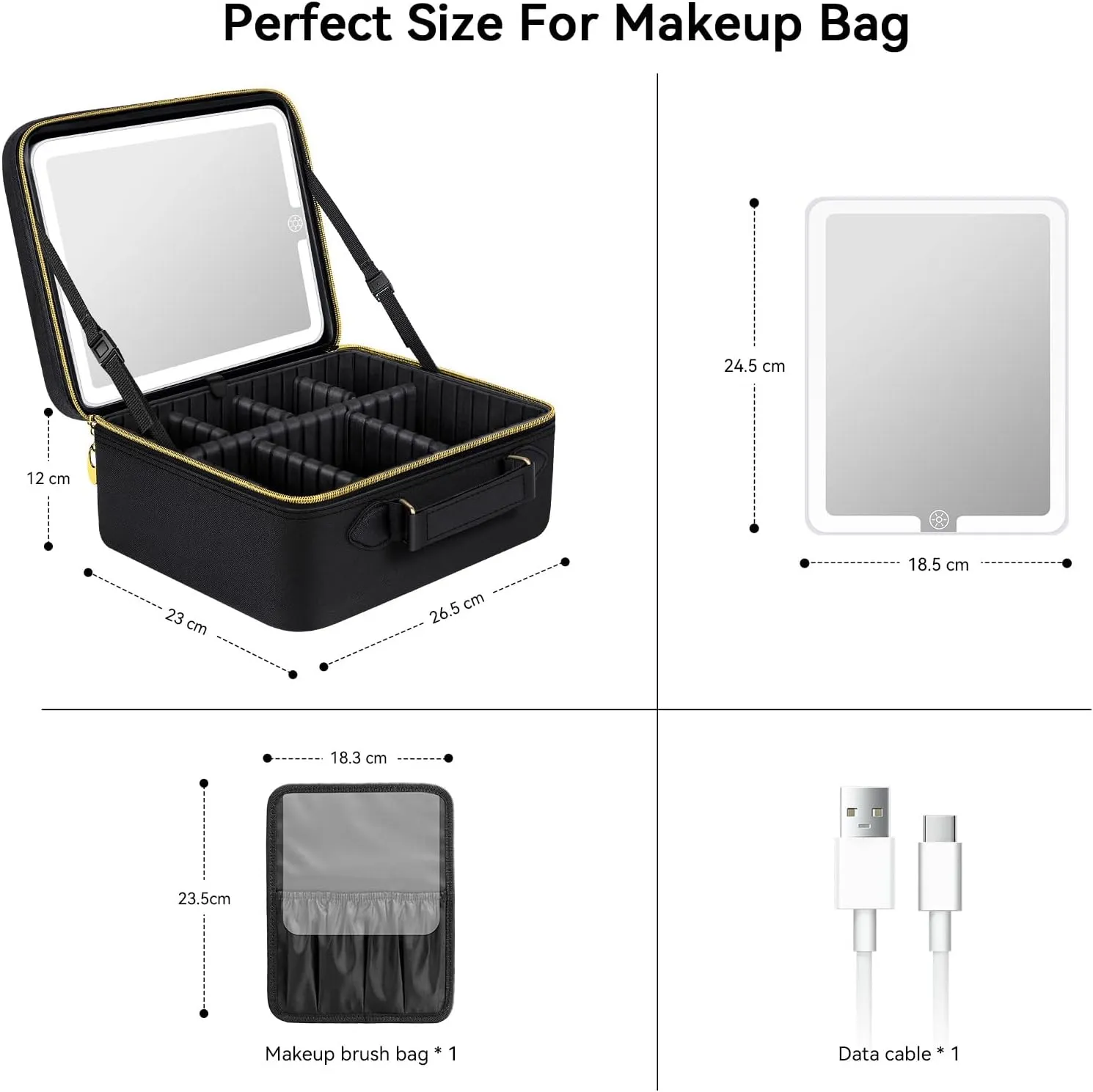 JUSRON Travel Makeup Bag With LED Mirror,Train Case with Light up Mirror, Portable Makeup Artist Organizer Bag with Adjustable Dividers, Makeup Brush Holder Storage(Black, Large)
