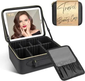 JUSRON Travel Makeup Bag With LED Mirror,Train Case with Light up Mirror, Portable Makeup Artist Organizer Bag with Adjustable Dividers, Makeup Brush Holder Storage(Black, Large)