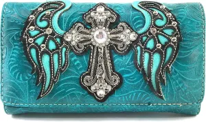Justin West Western Laser Cut Wing Turquoise Cross Gleaming Messenger Handbag with CrossBody Strap