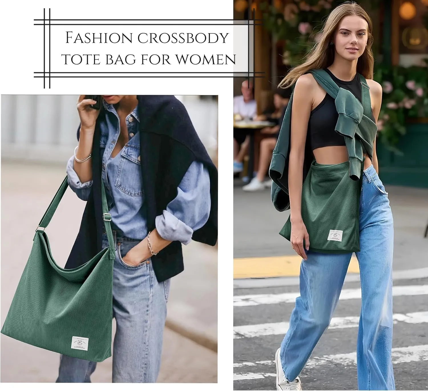 KALIDI Corduroy Tote Bag for Women Casual Zipper Tote Handbag Large Crossbody Hobo Shoulder Bag Work Fashion Women Purse