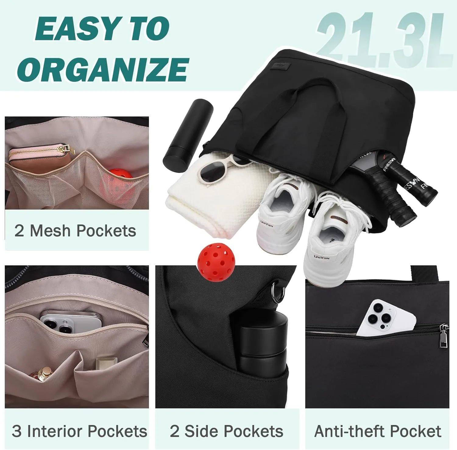 Kasqo Pickleball Paddle Bags, Large Pickle Tote Bag for Women Men with Water Holder Crossbody Shoulder Bag for Gym Sprot