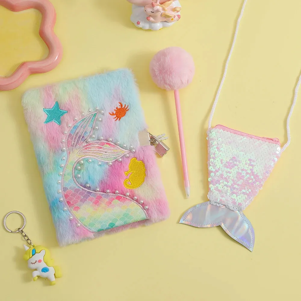 Kawaii Mermaid Plush Stationery Set 🧜‍♀️✨ - Fishtail Notebook, Cute Ballpoint Pen & Crossbody Bag for School & Office Supplies! 🌟📚🎒