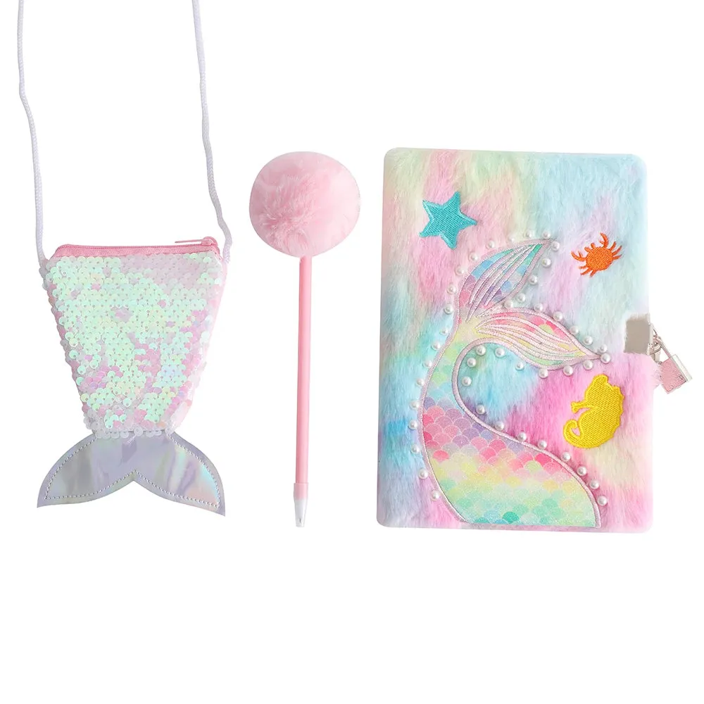 Kawaii Mermaid Plush Stationery Set 🧜‍♀️✨ - Fishtail Notebook, Cute Ballpoint Pen & Crossbody Bag for School & Office Supplies! 🌟📚🎒