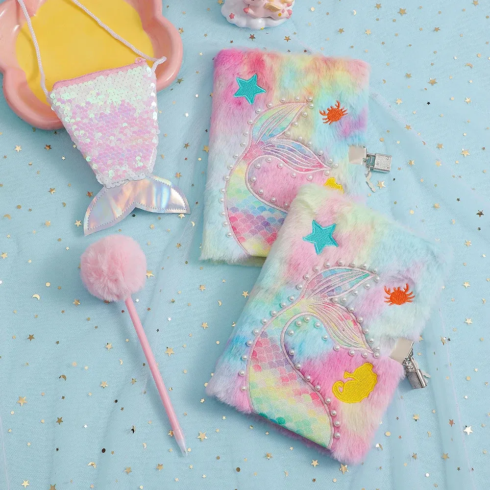 Kawaii Mermaid Plush Stationery Set 🧜‍♀️✨ - Fishtail Notebook, Cute Ballpoint Pen & Crossbody Bag for School & Office Supplies! 🌟📚🎒