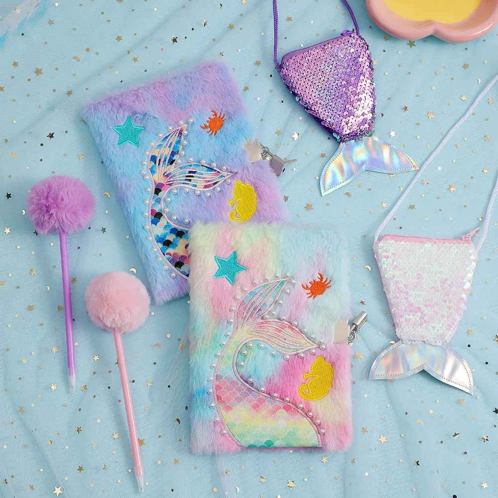 Kawaii Mermaid Plush Stationery Set 🧜‍♀️✨ - Fishtail Notebook, Cute Ballpoint Pen & Crossbody Bag for School & Office Supplies! 🌟📚🎒