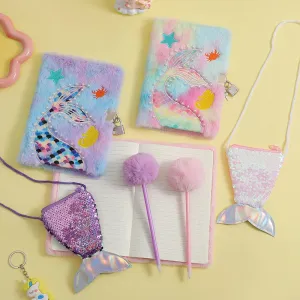 Kawaii Mermaid Plush Stationery Set 🧜‍♀️✨ - Fishtail Notebook, Cute Ballpoint Pen & Crossbody Bag for School & Office Supplies! 🌟📚🎒