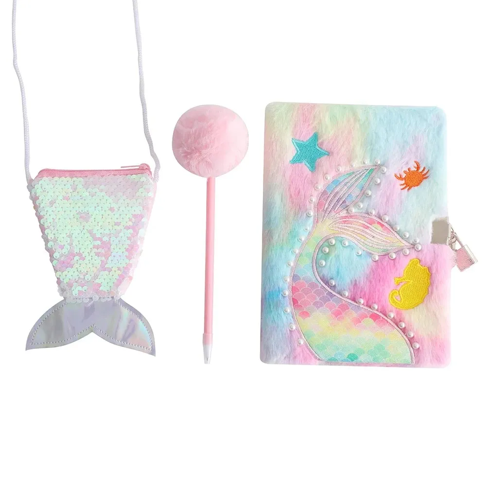 Kawaii Mermaid Plush Stationery Set 🧜‍♀️✨ - Fishtail Notebook, Cute Ballpoint Pen & Crossbody Bag for School & Office Supplies! 🌟📚🎒