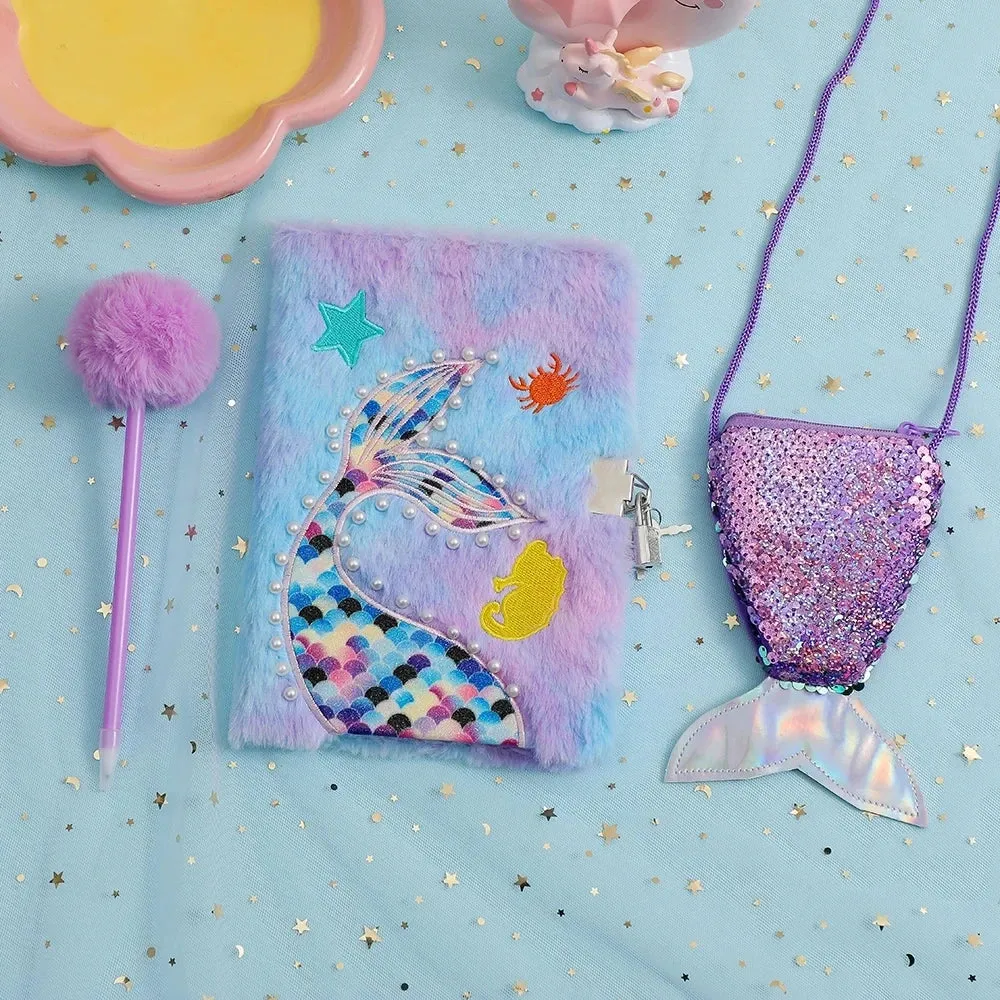 Kawaii Mermaid Plush Stationery Set 🧜‍♀️✨ - Fishtail Notebook, Cute Ballpoint Pen & Crossbody Bag for School & Office Supplies! 🌟📚🎒