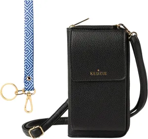 KEDZIE Eclipse Smartphone Crossbody Bag (Black) & Eclipse Vegan Leather Wristlet Key Chain Holder (Greek to Me)