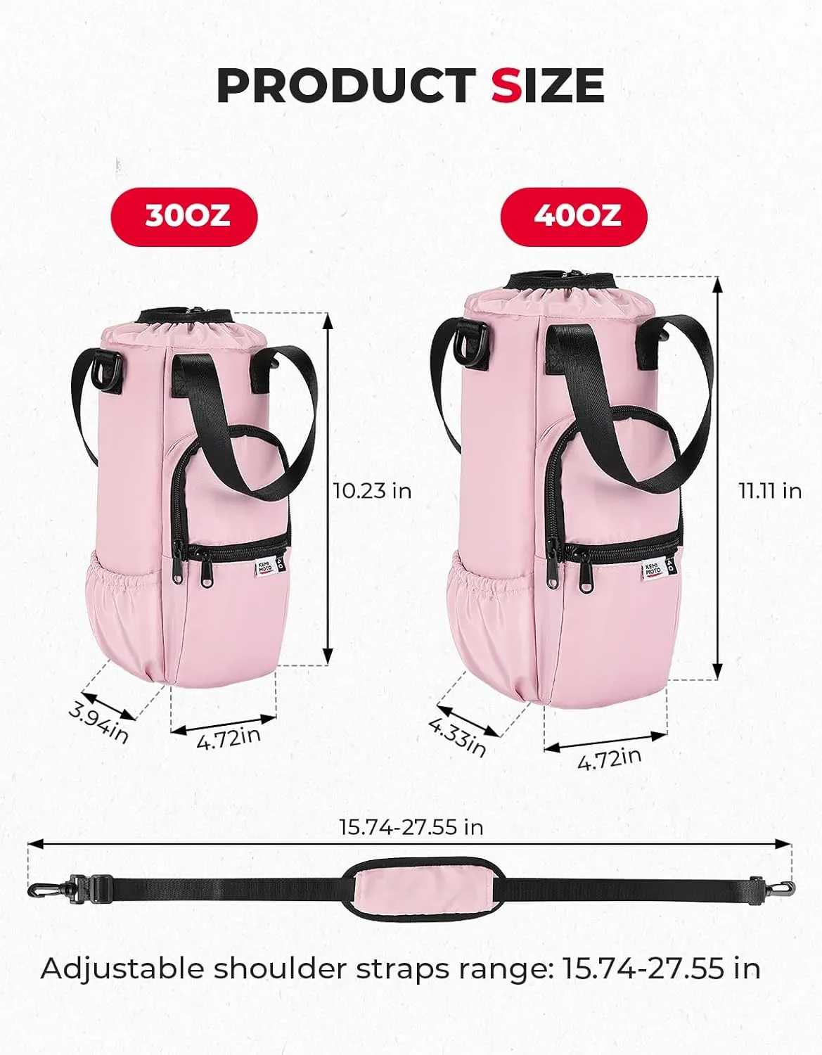 KEMIMOTO Upgraded Dual-Use Water Bottle Holder Bag for 40/30 oz Handle and Non-Handle Tumblers, Water Bottle Carrier Bag with Adjustable Shoulder Strap Carrier and Phone Pocket,40oz Pink