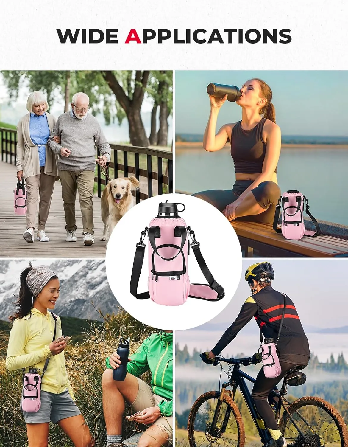 KEMIMOTO Upgraded Dual-Use Water Bottle Holder Bag for 40/30 oz Handle and Non-Handle Tumblers, Water Bottle Carrier Bag with Adjustable Shoulder Strap Carrier and Phone Pocket,40oz Pink