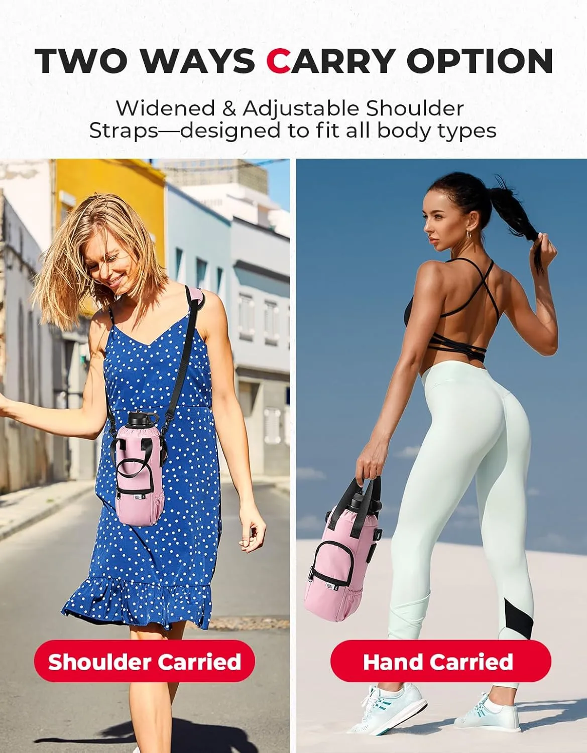 KEMIMOTO Upgraded Dual-Use Water Bottle Holder Bag for 40/30 oz Handle and Non-Handle Tumblers, Water Bottle Carrier Bag with Adjustable Shoulder Strap Carrier and Phone Pocket,40oz Pink