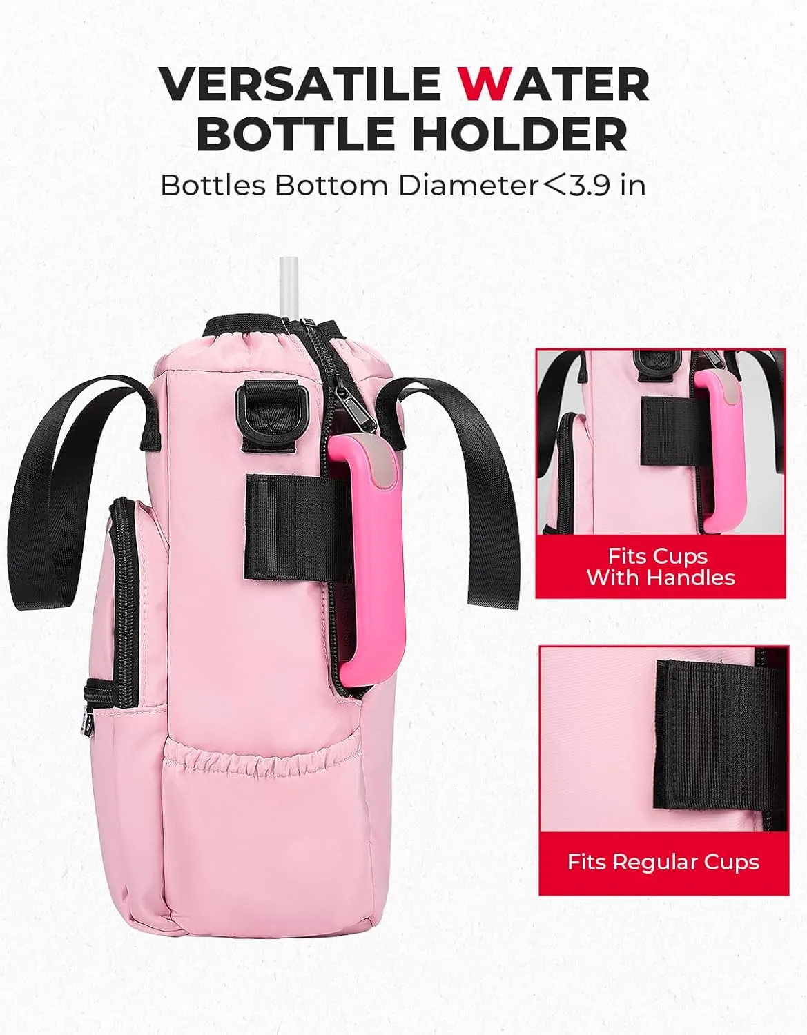 KEMIMOTO Upgraded Dual-Use Water Bottle Holder Bag for 40/30 oz Handle and Non-Handle Tumblers, Water Bottle Carrier Bag with Adjustable Shoulder Strap Carrier and Phone Pocket,40oz Pink