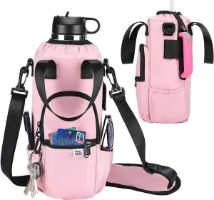 KEMIMOTO Upgraded Dual-Use Water Bottle Holder Bag for 40/30 oz Handle and Non-Handle Tumblers, Water Bottle Carrier Bag with Adjustable Shoulder Strap Carrier and Phone Pocket,40oz Pink