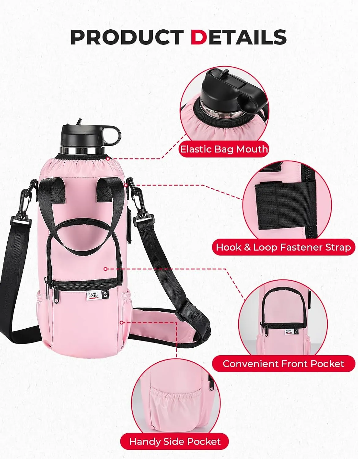 KEMIMOTO Upgraded Dual-Use Water Bottle Holder Bag for 40/30 oz Handle and Non-Handle Tumblers, Water Bottle Carrier Bag with Adjustable Shoulder Strap Carrier and Phone Pocket,40oz Pink