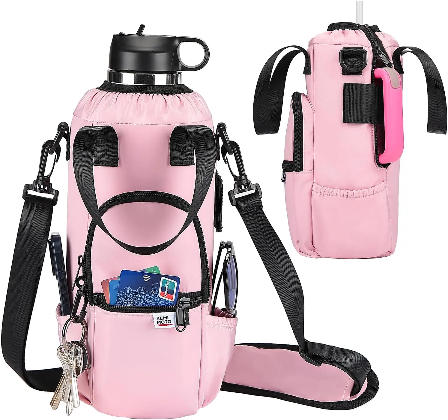 KEMIMOTO Upgraded Dual-Use Water Bottle Holder Bag for 40/30 oz Handle and Non-Handle Tumblers, Water Bottle Carrier Bag with Adjustable Shoulder Strap Carrier and Phone Pocket,40oz Pink