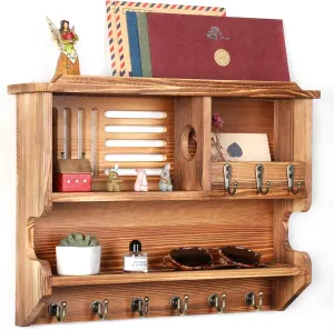 Key Holder for Wall, Mail Organizer Wall Mounted, Mail and Key Holder with Key Hooks, Pine Wood Light Brown