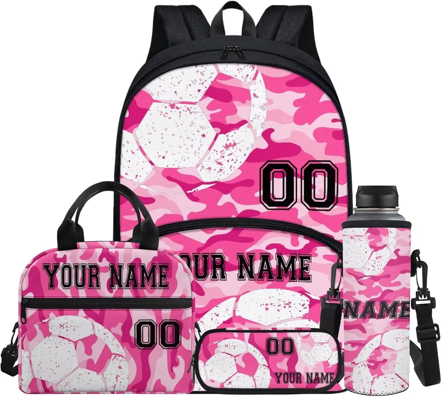 Kids Custom Soccer Football Pink Camo School Backpack Set for Pre-School Girls Boys Casual Book Bag Bookbag Lunch Box Water Bottle Bag Pencil Bags Shoulder Crossbody Handbags, 4 Pcs