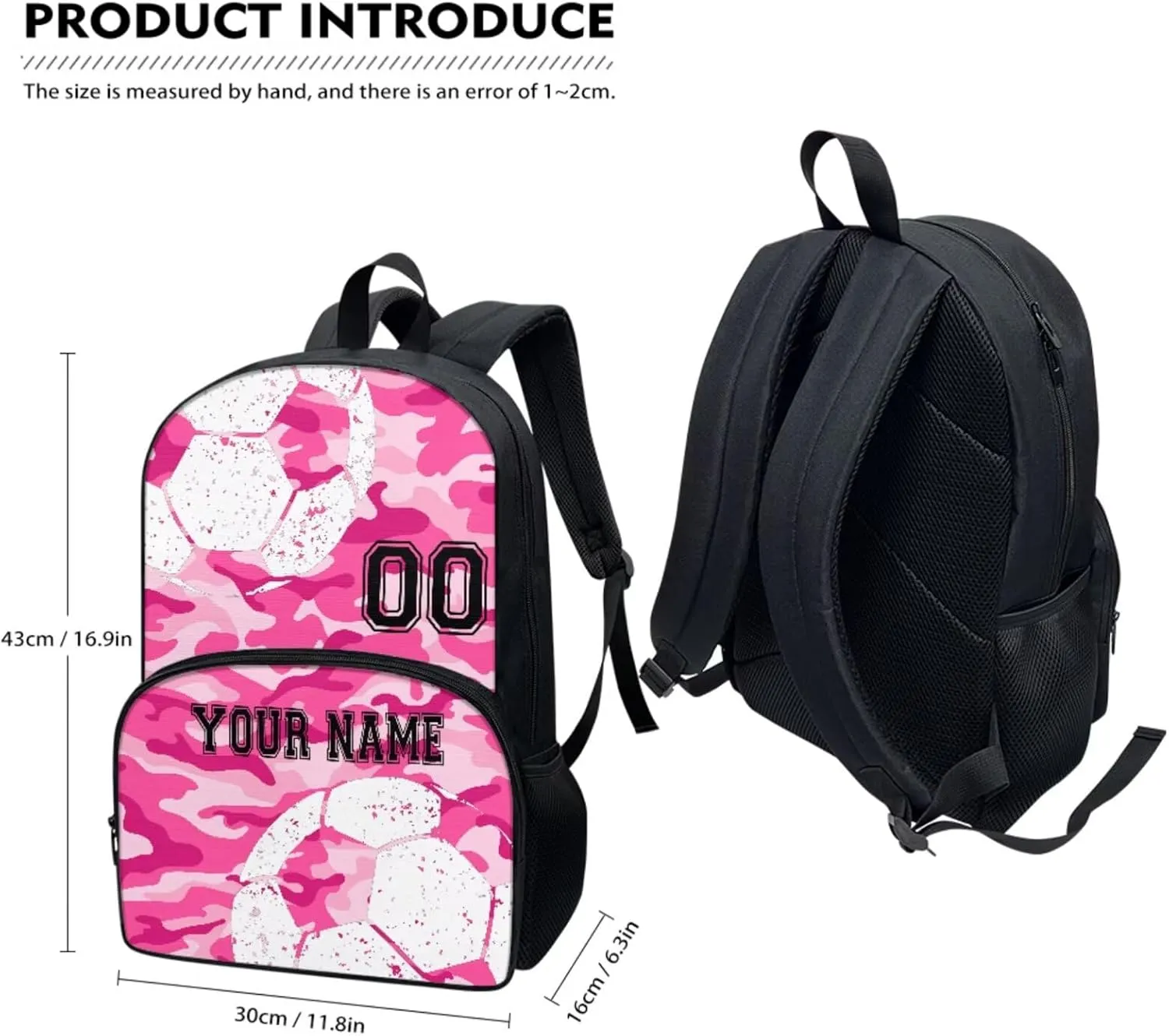 Kids Custom Soccer Football Pink Camo School Backpack Set for Pre-School Girls Boys Casual Book Bag Bookbag Lunch Box Water Bottle Bag Pencil Bags Shoulder Crossbody Handbags, 4 Pcs