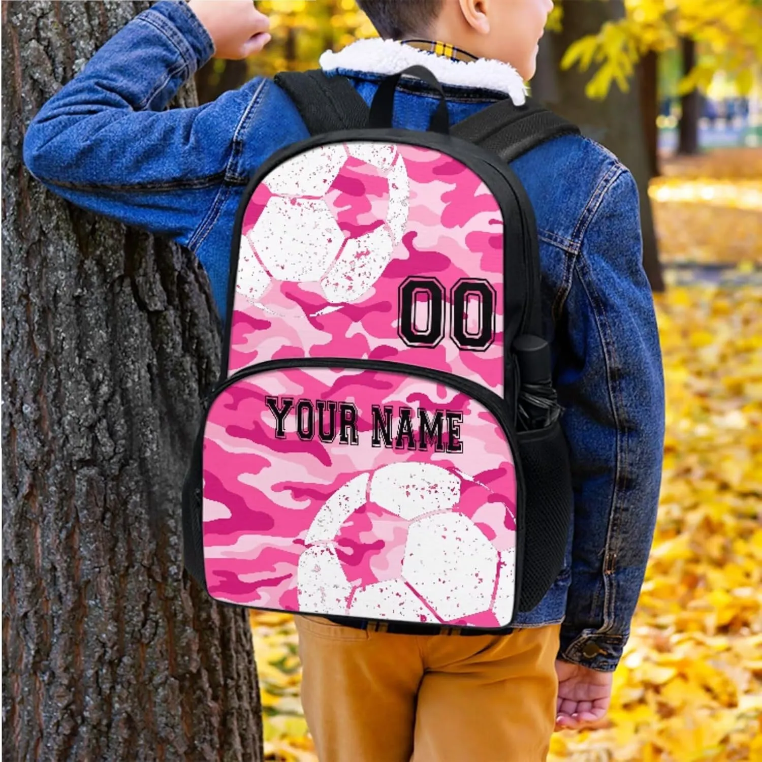 Kids Custom Soccer Football Pink Camo School Backpack Set for Pre-School Girls Boys Casual Book Bag Bookbag Lunch Box Water Bottle Bag Pencil Bags Shoulder Crossbody Handbags, 4 Pcs