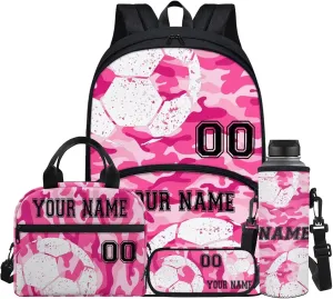 Kids Custom Soccer Football Pink Camo School Backpack Set for Pre-School Girls Boys Casual Book Bag Bookbag Lunch Box Water Bottle Bag Pencil Bags Shoulder Crossbody Handbags, 4 Pcs