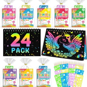 Kids Scratch Art Party Favors Gifts: 24 Pack Rainbow Scratch Notebook Paper Birthday Party Favor Toy Girls Boys Art Craft Kit Summer Classroom Goodie Bags Return Gifts for Birthday Party Favors Bulk