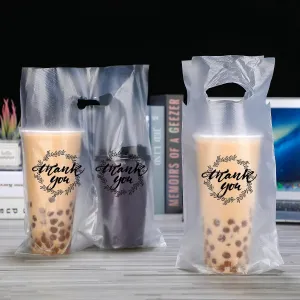 Kisston 1000 Pcs Drink Carrier for Delivery, Plastic Carrier Bags Thank You Clear Handle Drink Poly Bags Bulk for Coffee Tea Beverage Juice(Hold 2 Cups, Hold 1 Cup)