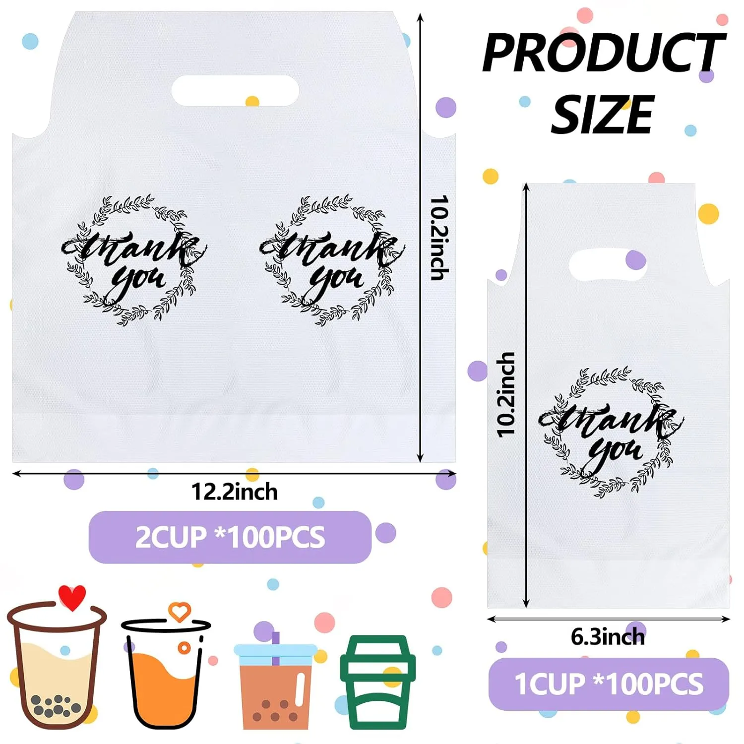 Kisston 1000 Pcs Drink Carrier for Delivery, Plastic Carrier Bags Thank You Clear Handle Drink Poly Bags Bulk for Coffee Tea Beverage Juice(Hold 2 Cups, Hold 1 Cup)