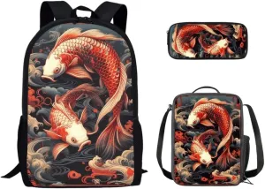 Koi Carp Luck Cloud 17 Inch Kids Bookbag Japanese Red Koi Carp Boy Backpack and Lunch Bag Pencil Case Ripple Luck Clouds Casual Elementary School Bags Bookbag