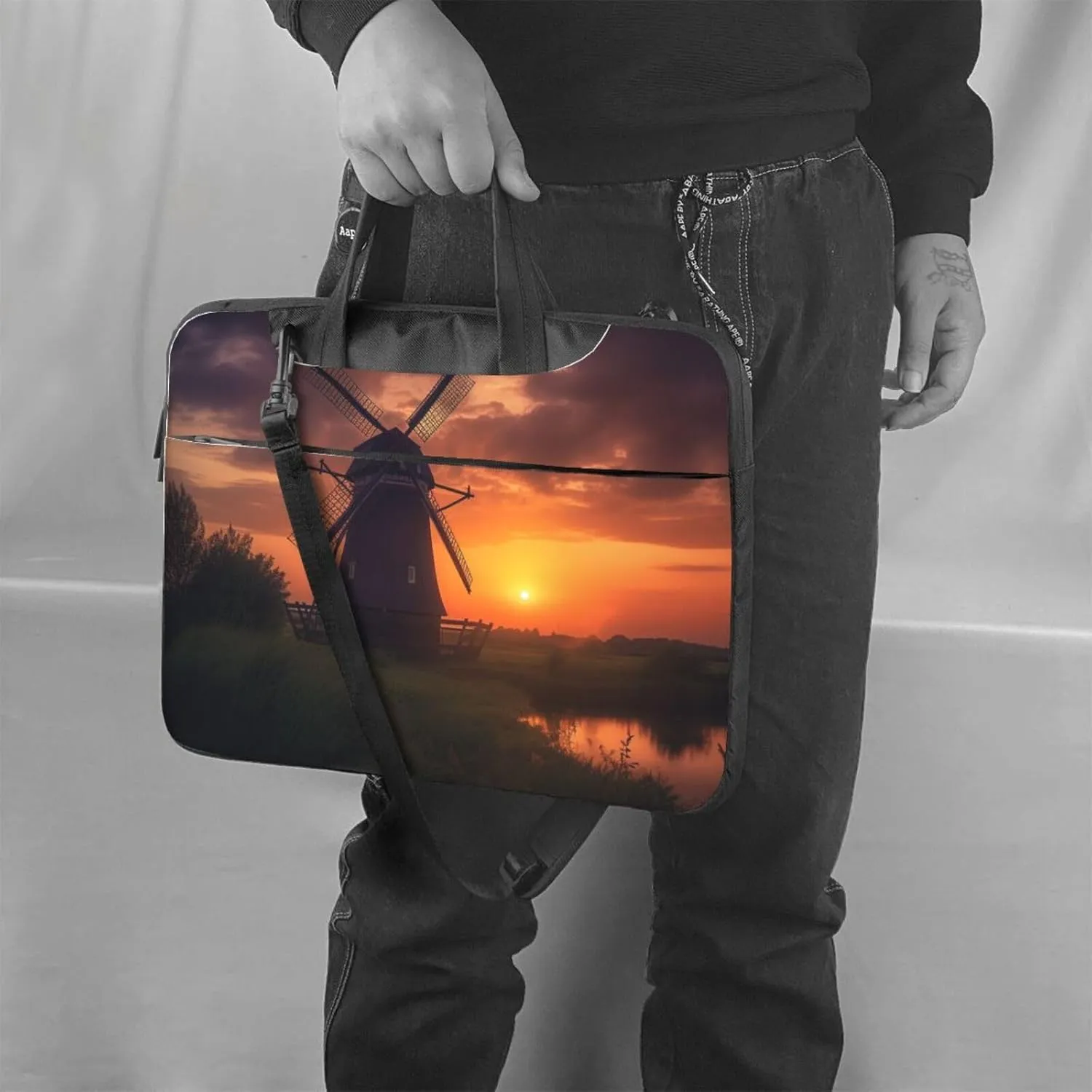 Laptop Tote Bag Men Women Sunset Windmill Shoulder Laptop Sleeve Briefcase Messenger Computer Bag