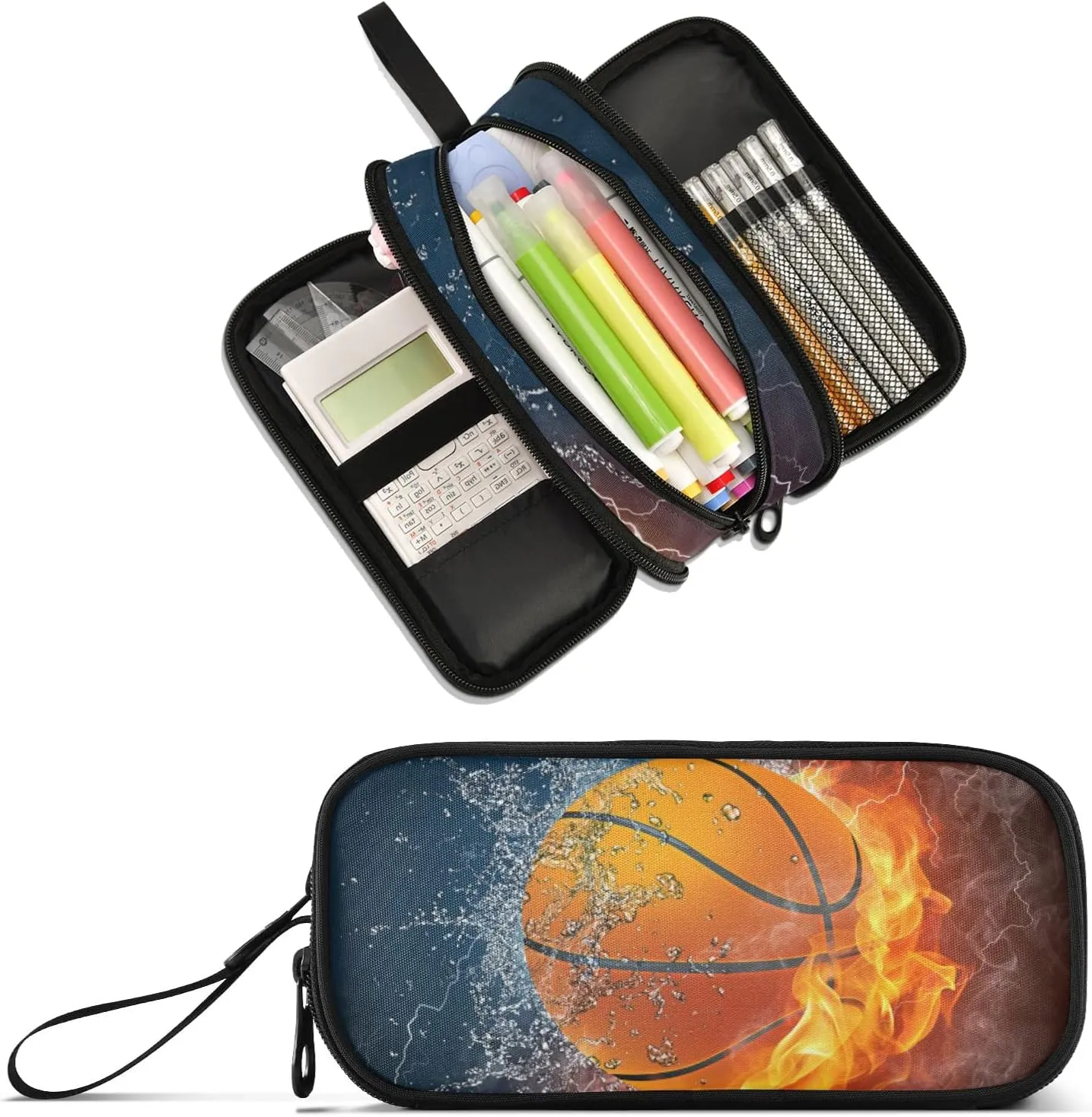 Large Capacity Pencil Case Pencil Pouch Office School Large Storage Pen Bag 3 Compartment pencil box for Adults School Teen Girl Boy Men Women (Basketball)