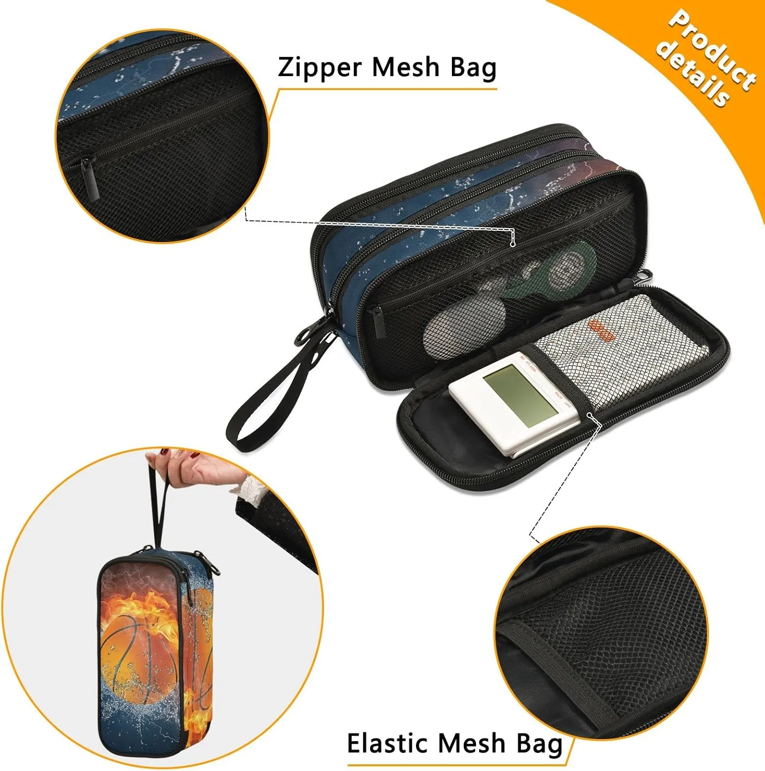 Large Capacity Pencil Case Pencil Pouch Office School Large Storage Pen Bag 3 Compartment pencil box for Adults School Teen Girl Boy Men Women (Basketball)